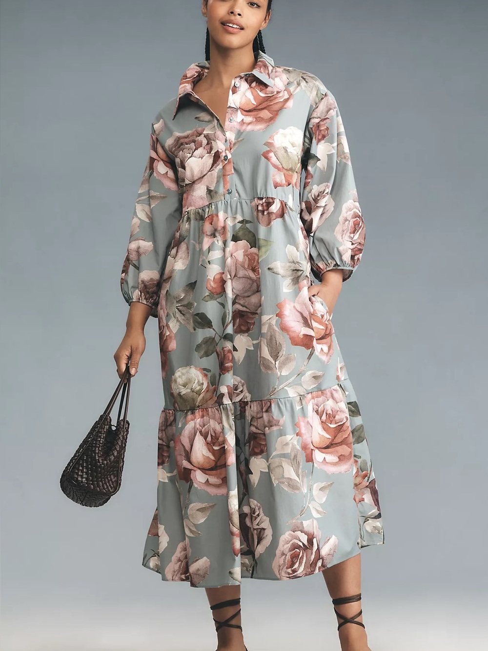 Anthropologie Maeve Floral Tiered Maxi Dress in Dusty Blue and Blush